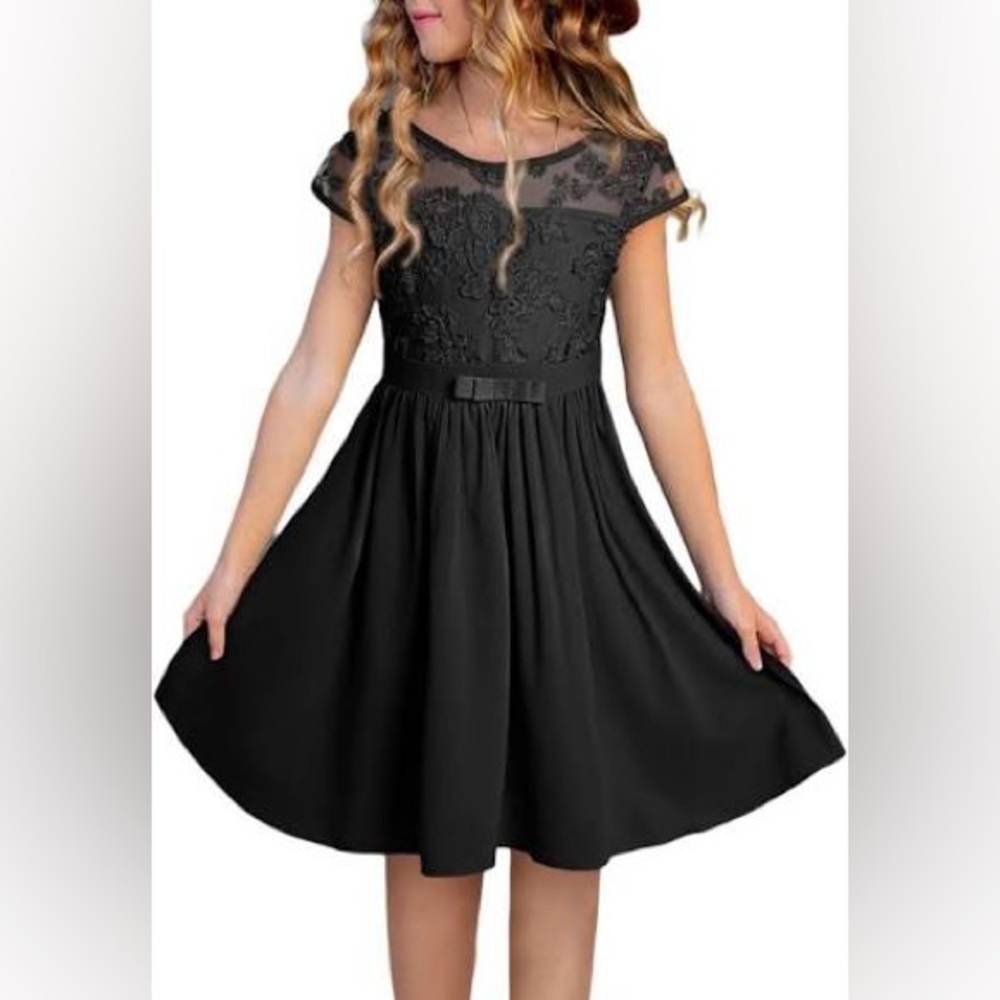 Blinean Girls Short Sleeve Dresses Lace Semi Formal Dress Black Size Dress 8-9Y